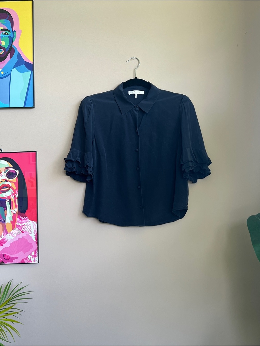 FRAME 100% Silk Navy Ruffle Sleeve Button Front Blouse S/P